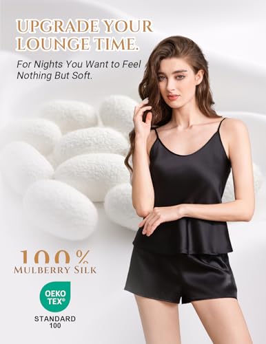 Image of THXSILK 100% Mulberry Silk Women Cami Pajama Set, Tank Top with Shorts Sleepwear, Adjustable Spaghetti Straps, Luxury Pj Set