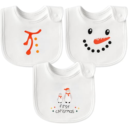 2ooya Christmas Cotton Baby Bibs - 3Pcs Snowman Penguin Toddler Feeding Bibs with Resin Buttons Infant First Christmas Baby Food Bib Xmas Drooling Eating Teething Keepsake Gift for Newborn 6-12 Months
