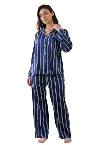 Image of YiNi LuLu Womens Silk Satin Pajamas Set Button Down 2 Piece Pjs Long Sleeve Oversized Sleepwear with Pockets