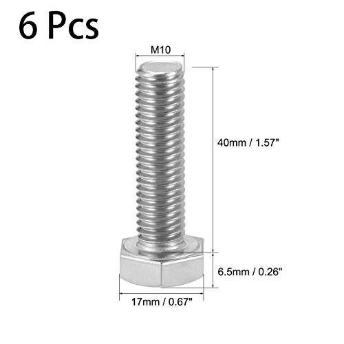 Image of 6 Pcs M10 Hex Bolt M10-1.5 x 40mm UNC Hex Head Screw Bolts A2-70(304) Stainless Steel Fully Threaded Hex Tap Bolts,Plain Finish,Fully Threaded (M10 x 40mm)