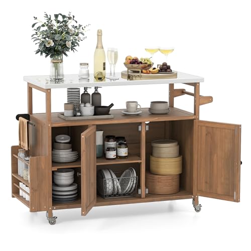 COSTWAY Carrito de Barbacoa de Madera Abeto, Isla de Cocina Exterior con Ruedas Bloqueables, Armario, Estante Abierto y Compartimentos, Mueble para BBQ para Picnic, Fiesta, 130 x 47 x 92 cm