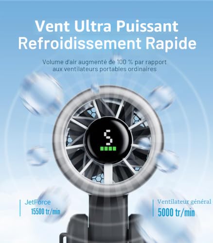 Diveblues Ventilateur Portable à Main, Ultra Rapide 10m/s, 5 Vitesses, Batterie Rechargeable, Jusqu'à 12h, Ventilateur de Poche avec Technologie Turbo pour Extérieur, Voyage, Noir – vue 2