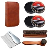IKI Shoe Polish & Shine Kit - 7 PCS Leather Boot Care Kit with 2 Black Shoe Polish, 2 Horsehair Shoe Brush, Suede Cloth, Shoe Horn and Storage Bag, Boot Polish Kit for Men & Women
