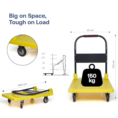 Image of BonKaso 150Kg Heavy-Duty Platform Trolley | Foldable Metal Hand Truck with 4 360 Rotating TPR Wheels & Cushioned Grip Handle | Industrial, Warehouse, Office & Home Use (68.5x47x77.5cm) Yellow