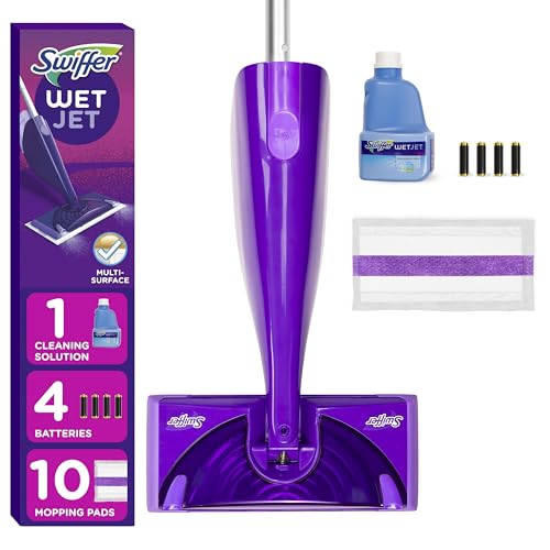 Image of Swiffer WetJet Hardwood and Floor Spray Mop, All-In-One Mopping Cleaner Starter Kit, Includes: 1 WetJet, 10 Pads, 1 Cleaning Solution & 4 Batteries