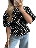 Cicy Bell Womens Polka Dots Peplum Tops Summer Puff Short Sleeve Round Neck Blouses Trendy Casual Shirts Black