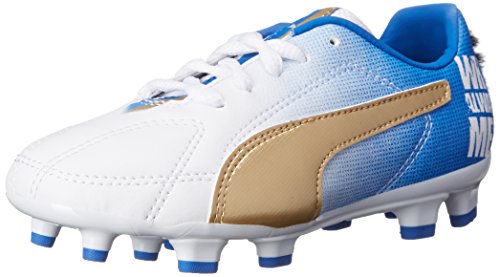 PUMA Mb 9 Firm Ground JR Soccer Shoe (Infant/Toddler/Little Kid/Big Kid) , White/Team Gold/Team Power Blue, 3.5 M US Big Kid