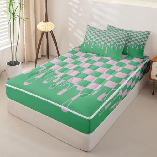 Image of Pink and Green Checkered Twin Zip Up Bedding with Deep Pocket Fitted Sheet,Non-Slip Checkerboard Drip Comforter Set for Kids,Secure Fit Cool Aesthetic Funky Geometric Bed in a Bag with Pillow Covers