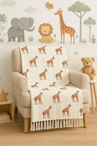 Image of Premium Cotton Giraffe Printed Throw Blanket | 50x60 Inches Multicolor Design Throw for Sofa, Chairs, Bedroom & Home | Skin-Friendly & Lightweight | 200 Thread Count