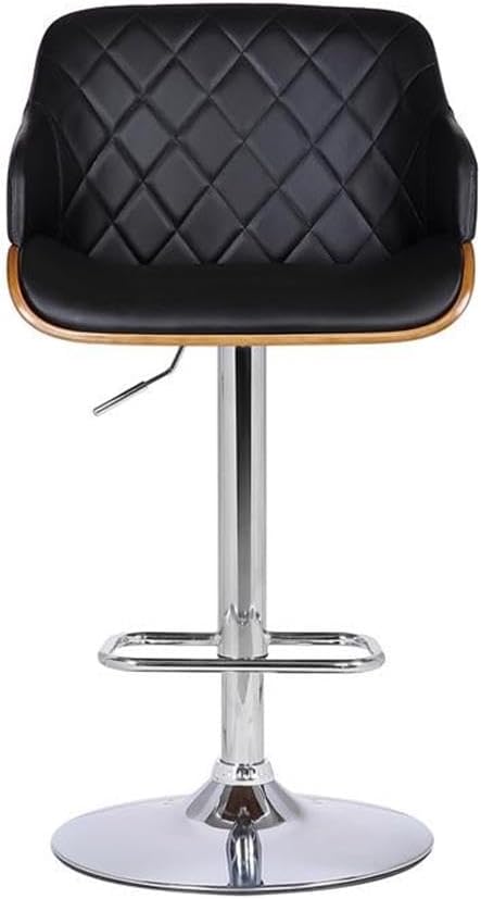 BOWERY HILL Modern Adjustable Bar Stool, Faux Leather and Walnut Wood, Black Finish, Chrome Base, 360-Degree Swivel, Adjustable Height, 21" W x 20.5" D x 36-44" H, Kitchen Island or Home Bar Seating