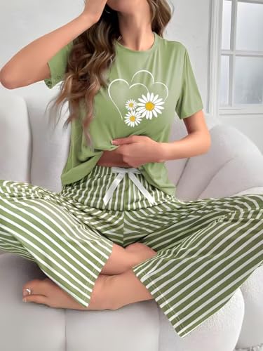 Image of Women's 2-Piece Pajama Set - Short Sleeve Top & Pants Lounge Set, Soft Breathable Sleepwear Night Suit for Women