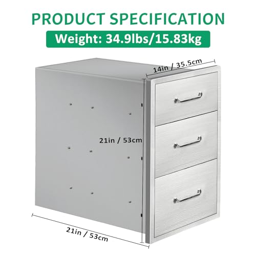 Image of Outdoor Kitchen Drawers 14 inch W x 21 inch H x 21 inch D Stainless Steel Triple Drawers with Ergonomic Handle for BBQ Island, Patio Grill Station & Outdoor Kitchen Cabinets