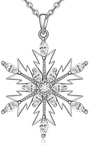 Christmas Snowflake Pendant Necklace for Women Girls Sterling Silver Holiday Frozen Necklace Charm White Crystals Snow Flake Jewelry Xmas Gifts