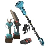 Kit Potatura 3 in 1 Motosega 8” Lubrificata ad Olio + Forbice Cesoia Apertura 40mm con Display Digitale + Asta Telescopica 107-195cm con 2 Batterie per Potatura Giardino, Rami, Arbusti, Vigneto