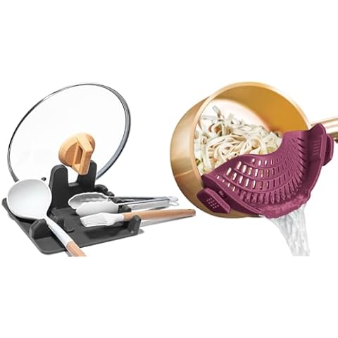 AUOON Clip On Pot Strainer and Pasta strainer and Silicone Utensil Rest,Pot lid holder with Drip Pad for Multiple Utensils,Dishwasher Safe,Heat ResistanSpoon,Rest for Stove Top,Kitchen Utensil Holder Cover