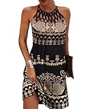 GRMLRPT Damen Ärmelloses Boho Sommerkleid Knielang Ethnischer Stil Elegant Bedruckt Mesh Retro Kleider Neckholder Freizeitkleid Damens Kleider Strandkleider(Schwarz-3,M)