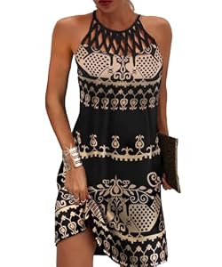 GRMLRPT Damen Ärmelloses Boho Sommerkleid Knielang Ethnischer Stil Elegant Bedruckt Mesh Retro Kleider Neckholder Freizeitkleid Damens Kleider Strandkleider(Schwarz-3,XL)