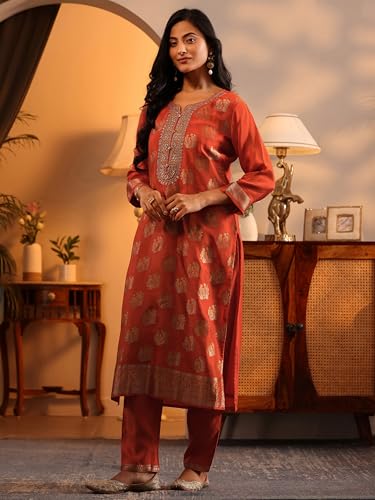Image of Libas Woven Design Silk Blend Straight Kurta with Trouser and Dupatta