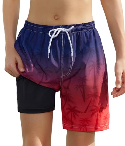 Boys Swim Trunks with Compression Liner Boys Quick Dry 2 in 1 Swim Shorts Summer Beach Shorts Black Red