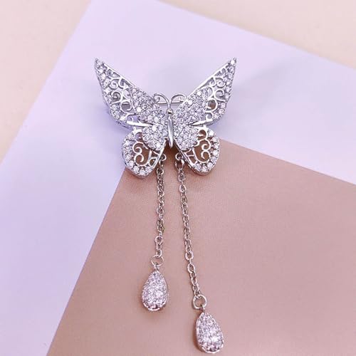 Image of Gold /Silver Butterfly Brooches for Women Rhinestone Tassel Butterfly Pin Brooch Dainty Crystal Lapel Pin Animal Insect CZ Brooch Lapel Pin for Coats Jackets Sweaters Accessories