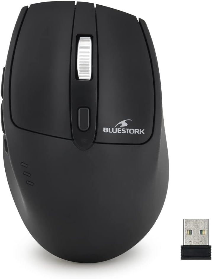 Bluestork2.4 GHz Wireless Mouse Rechargeable Nano USB Receiver Ergonomic Design Silent Click 1600 DPI Compatible PC/Mac/Laptop - New 2022 (Black) M-WL-R2-B