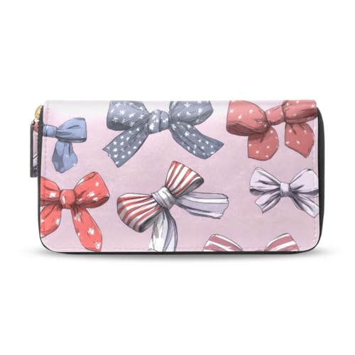 Long Wallets Leather Bifold Wallet for Women Pink Flag Bows Pattern with Zipper Credit Card Holder Large Capacity