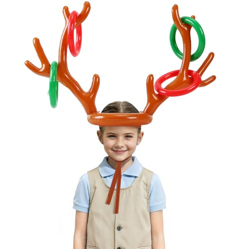 Christmas Games Eve Box Fillers Xmas Stocking Stuffers Party Toss Gadgets for Kids Adults,Inflatable Reindeer Antler Hat with Rings for Family Friends, New Year Holiday Party Activities Accessories