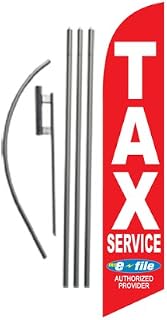 Tax Service E-file Authorized Provider Red Income Tax Service Advertising Feather Banner Swooper Flag Sign with 15 foot Flag Pole Kit and Ground Stake