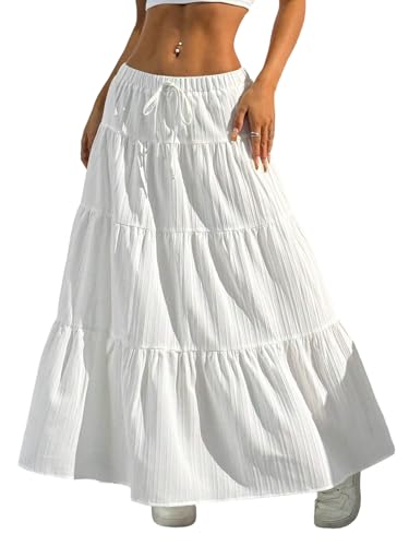 Xuani White Maxi Skirt for Women Long Boho Flowy Ruffle Elastic High Waist