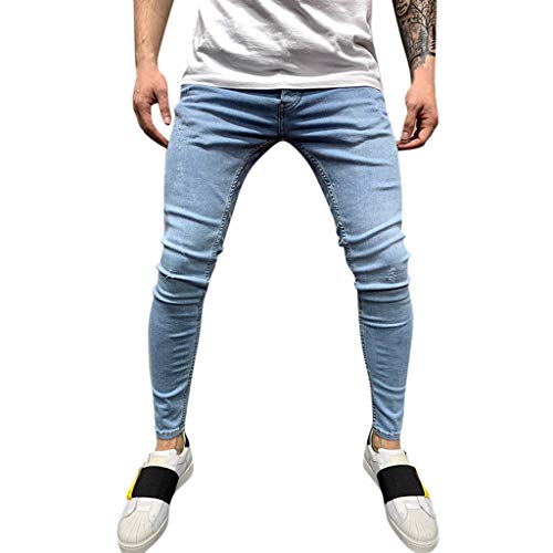 YAYUMI Men Jeans,Men's Slim Fit Straight Denim Broken Holes Pleated Pocket Jeans Long Pants Casual Pants