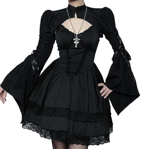 Image of Women Gothic Crop Top Shirt Y2K Black Bell Sleeve Shawl Cardigan