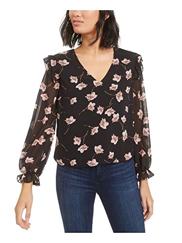 Bar Iii Womens Floral Print Ruffle Sleeve Blouse Black L #TOP24