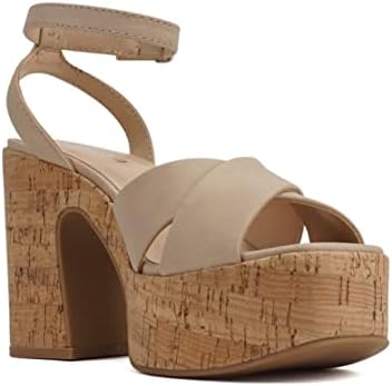 Soda “FUNKIE” ~ Women Open Square Toe Crisscross Band Ankle Strap Chunky High Heel Notch Wedge Sandal (Blond Nubuck, us_footwear_size_system, adult, women, numeric, medium, numeric_7_point_5) | Image 3
