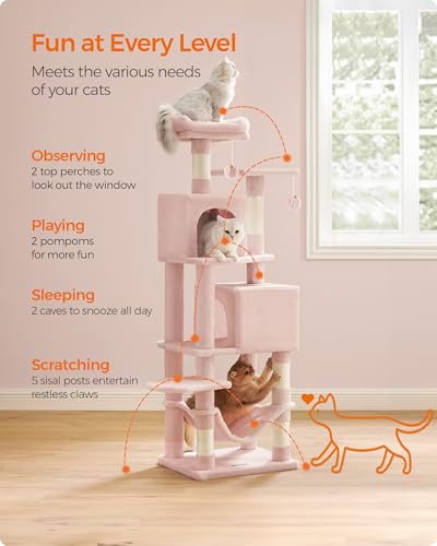 Image of Feandrea Cat Tree, 59.5-Inch Tall Cat Tower, Plush Multi-Level Condo with 5 Scratching Posts, 2 Perches, 2 Caves, Hammock, 2 Pompoms, Jelly Pink UPCT192P01