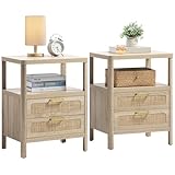 Sheepping Nightstands Set of 2 - Rattan Night Stand Bedside Table with 2 Rattan Drawers, Open Storage Shelf, Farmhouse Wood Bed Side Tables End Table for Bedroom Living Room, Natural