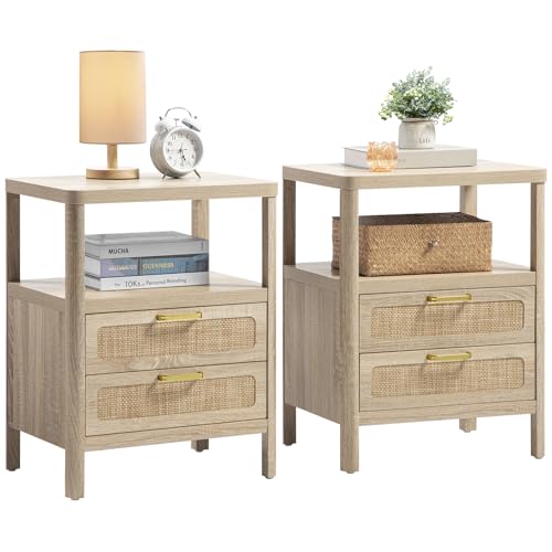 Nightstands Set of 2 - Rattan Night Stand Bedside Table with 2 Rattan Drawers, Open Storage Shelf, Farmhouse Wood Bed Side Tables End Table for Bedroom Living Room, Natural