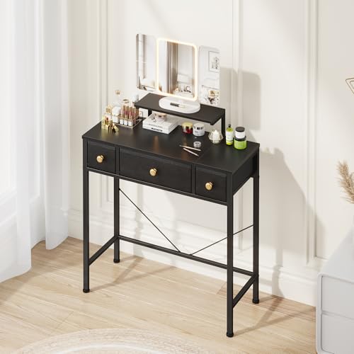 Toeletta Trucco con Specchio e Luci, Piccolo Scrivania Postazione Trucco con 3 Cassetti in Tessuto, Tavolo Trucco Make up Vanity, Consolle Trucco, Salvaspazio, Regolazione dell'altezza (Nero, 30D)