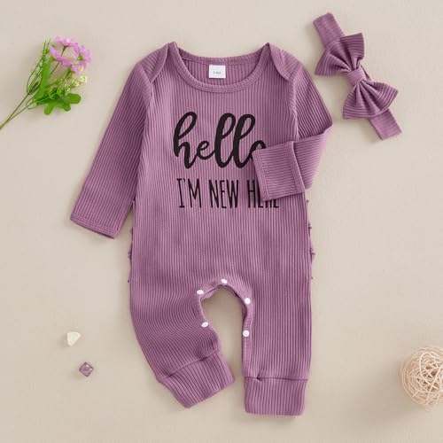 Newborn Baby Girl Clothes Letters Long Sleeve Ribbed Romper Jumpsuit with Headband Preemie Coming Home Outfit2
