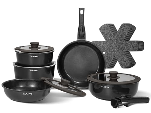 Topfset mit Abnehmbarer Griff, 17-Teilig Topfsets Pfannenset mit Keramik Antihaft Beschichtet, Topfset Induktion Kochtopf Set mit Deckel, für Alle Herdarten, Backofenfest, Ofenfest (Dunkelgrau)