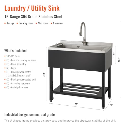 TRINITY THAPBK-0323 Stainless Steel Freestanding Single Bowl Utility Sink for Garage, Laundry Room, and Commercial Use, Includes Pull-Out Faucet, NSF, UPC and cUPC Certified, 36" x 20" x 49.2", Black