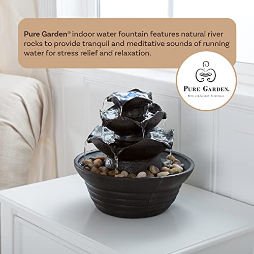 Indoor Water Fountain With Led Lights- Lighted Three Tier Soothing Cascading Tabletop Fountain With Rocks For Office And Home Décor By Pure Garden #TOP5