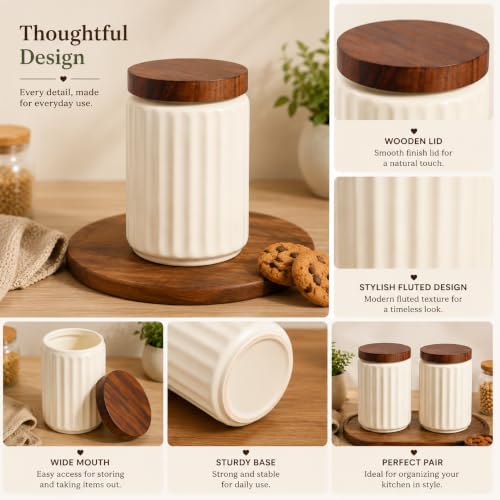 Image of Airtight Ceramic Jars (Pack of 2) - 1000ml Each - Wooden Lid - Kitchen Containers for Sugar, Tea, Salt, Pickles, Pulses & More (White)