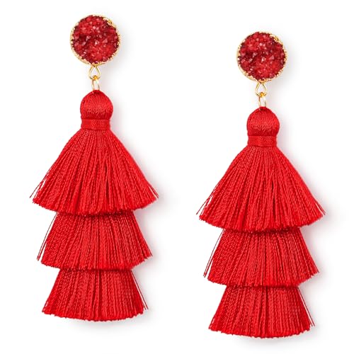 Me&Hz Colorful Layered Tassel Earrings Bohemian Statement Tiered Tassel Big Dangle Drop Earrings for Women Druzy Studs Christmas Mother's Day Gift