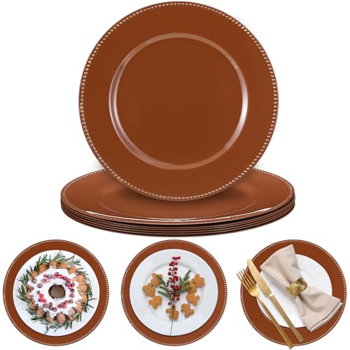 Bokon 6 Pack Thanksgiving Charger Plates with Beaded Rim 13 Inch Brown Beaded Plastic Charger Plates for Fall Harvest Dinner Table Decor Elegant Autumn Wedding by Bokon - Used condition - US$23.79