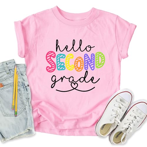 OCURHU First Day of Second Grade Shirt for Girls Funny Rainbow Graphic Tshirt 1st Day of School Gifts for Kids Apricot 7-8T