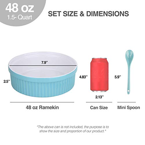 Souffle Dish Ramekins for Baking – 48 Oz, 1.5 Quart Large Ceramic Oven Safe Round Fluted Bowl with Mini Condiment Spoon for Soufflé Pot Pie Casserole Pasta Roasted Vegetables Desserts (Aqua/Green) - Thumbnail 3