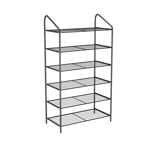 Moderno zapatero de hierro de 6 niveles multicapa, almacenamiento elegante para entrada y dormitorio, diseño simple para un fácil acceso, color negro