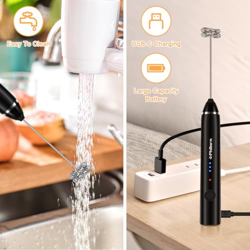 Philorn Elektryczny spieniacz do mleka, podwójny trzepak ręczny spieniacz do mleka, 3 prędkości USB ładowalny patyk do spieniania mleka, ręczny spieniacz do mleka do kawy/latte/cappuccino/ubijania