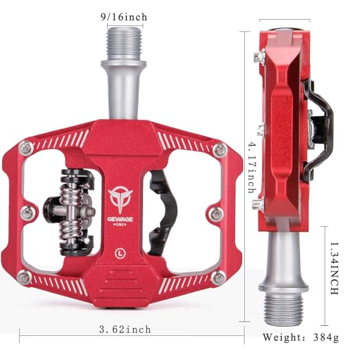 Mountain Bike Pedals - Dual Function Flat and Clipless Pedal - 3 Sealed Bearing Platform Pedals Clipless Compatible, Bicycle Pedals for BMX Spin Exercise Peloton Trekking Bike (Red)