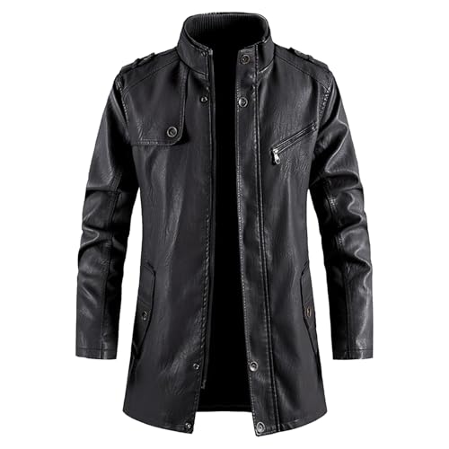 Veste en cuir synthétique longue pour homme blouson col montant chaud avec polaire